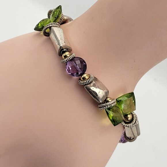 Sterling Briolette Amethyst & Cushion Cut Peridot Sterling Bead Link Bracelet - Picture 1 of 10